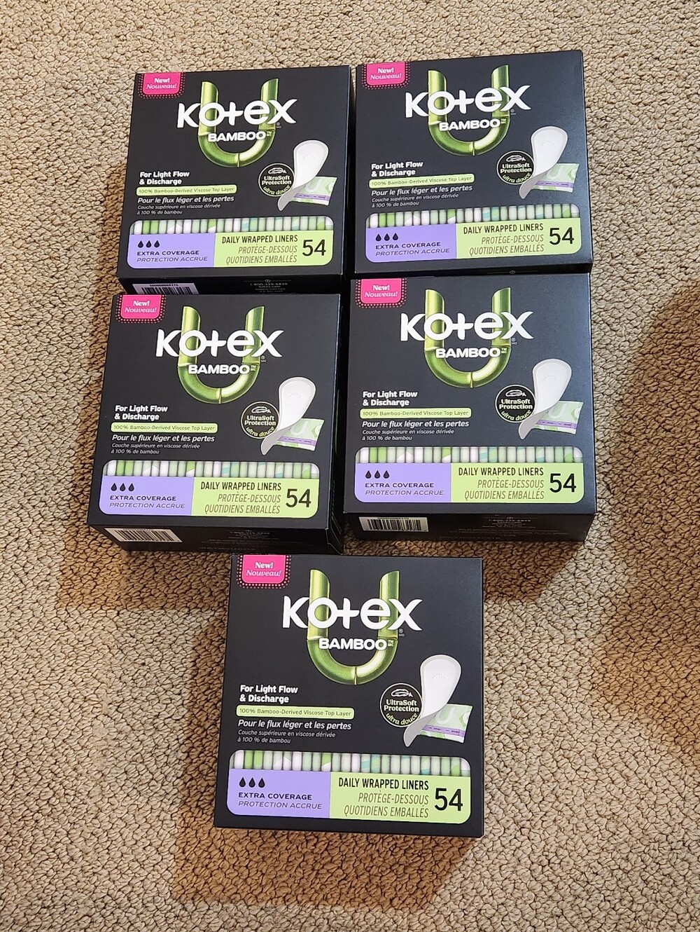 New Boxes of Kotex U Bamboo Daily Liners 54 Count